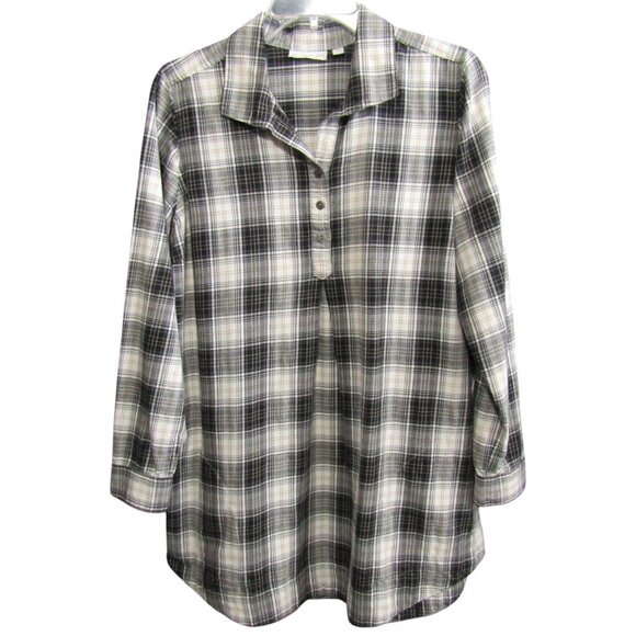 J Jill Uncommon Threads Gray Black Plaid Popover Tunic Top Size M Cotton Pockets - Picture 1 of 10